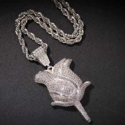 2 CT Round Moissanite Rose Flower Pendant Charm 1.75" Real 925 Sterling Silver - Image 1 of 4