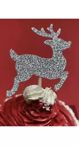12 Reindeer cupcake toppers Silver glitter Christmas Xmas Rudolph cake cup 5cm - Picture 1 of 1