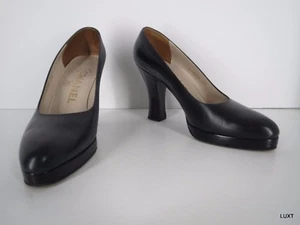 Chanel Heels Pumps Leather Size 6 36 Navy Blue Black Pointy Toe Platform Classic - Picture 1 of 12