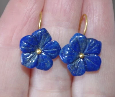 HAND MADE 14K GOLD FILLED LAPIS LAZULI CARVED FLOWER EARRINGS  - Image 1 of 4