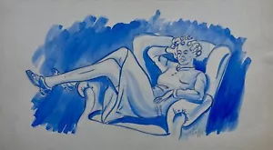 Aquarell Mode liegende Frau im Sessel signiert Mid Century 21,8 x 39,4 cm - Bild 1 von 6