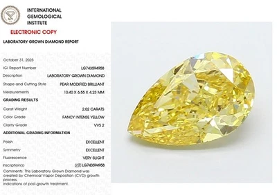 2.02 Pear Lab Grown Diamond For Engagement Ring IGI Fancy Intense Yellow VVS2 - Image 1 of 4