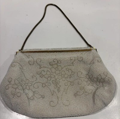 Vintage Hand Made In France Micro Beaded Evening Bag White Cream Floral 1940s - Image 1 of 4