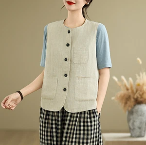 Women Linen Cotton Vest Sleeveless Lightweight Jacket Casual Work Waistcoat Tops - Picture 1 of 27