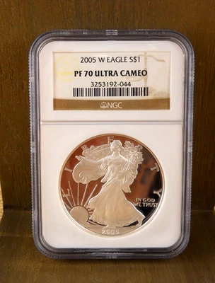 2005 W NCG PF70 Ultra Cameo $1 Silver Eagle 1oz .999 Silver Coin Brown Label - Image 1 of 4