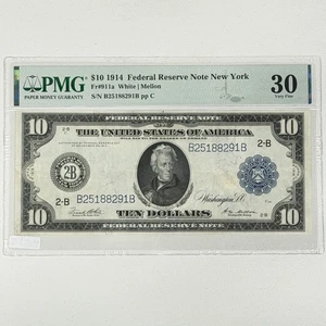 1914 $10 US Federal Reserve Note PMG 30 VF Banknote White Mellon Fr. 911a - Picture 1 of 2