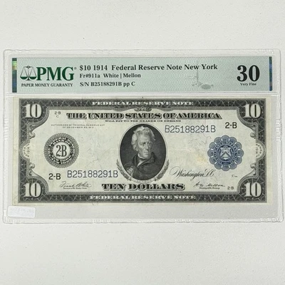 1914 $10 US Federal Reserve Note PMG 30 VF Banknote White Mellon Fr. 911a - Image 1 of 2