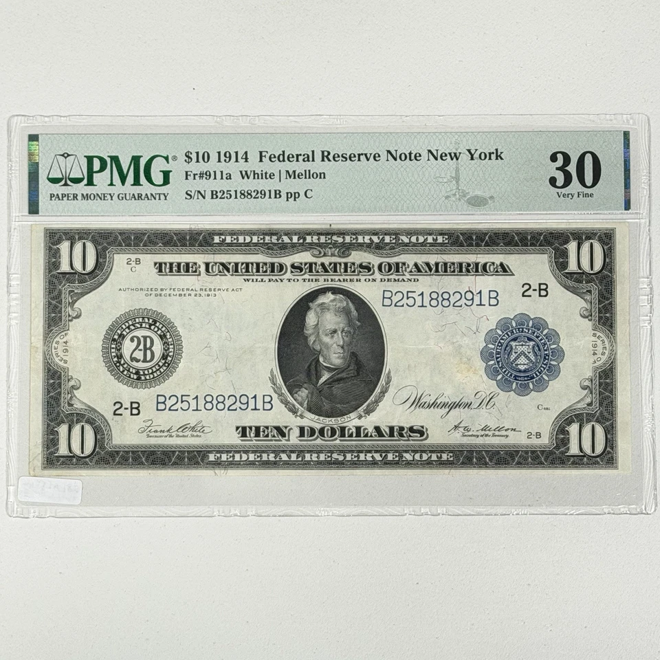1914 $10 US Federal Reserve Note PMG 30 VF Banknote White Mellon Fr. 911a - Image 1 of 2