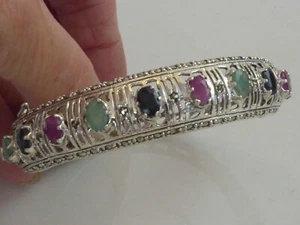 SOLID SILVER BANGLE SET WITH REAL SAPPHIRES,EMERALDS & RUBIES - Picture 1 of 9