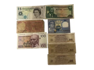 Queen Elizabeth II  5 Pound Bill Banknote +7 Other Foreign Paper Currency Circ. - Picture 1 of 14