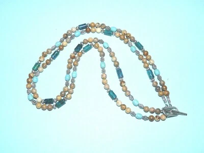 Collier mi-long 2 rangs pierres véritables jaspe chrysocolle turquoise UNIQUE - Photo 1/4