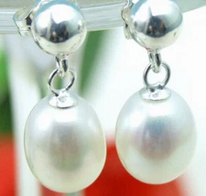 7-8mm Drop Natural White Pearl Earring for Women Stud Dangle Earring Silver S925 - Picture 1 of 5