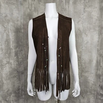 Vintage 70s Pioneer Wear Suede Fringe Vest Beaded Western Hippie Boho Festival - Image 1 of 4