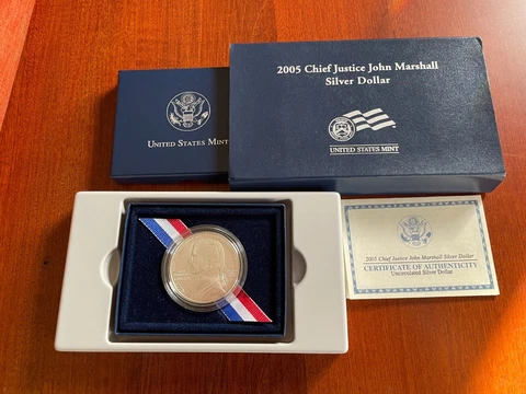 2005 US Mint Chief Justice Marshall BU Silver Dollar with box and COA Cover
