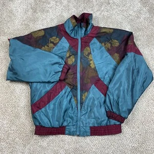 Vintage Colorblock Windbreaker Jacket Men's M Teal Burgundy Floral Pattern 90s - Picture 1 of 7