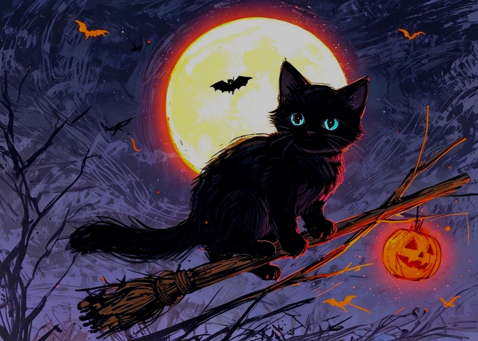 ACEO Mini *Art Print* Black Baby Cat Halloween Moon Magic & Pumpkin by Saulite - Image 1 of 1