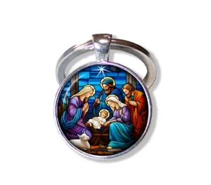 Faux Stained Glass Nativity - Handmade ROUND Glass Pendant Keychain KEY RING - Picture 1 of 7