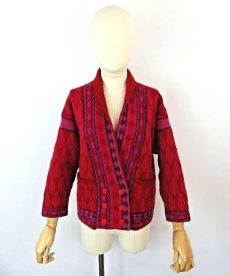 Vintage Scottish artisan designer fair isle vibrant pink red wool cardigan S 10 - Image 1 of 4