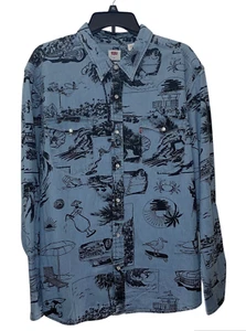 Levis Shirt Blue Denim Western Pearl Snap Surf Summer Print Size XL NWT - Picture 1 of 7