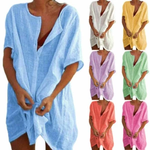 Women Cotton Linen Asymmetrical Loose Tunic Top V Neck T Shirt Blouse Mini Dress - Picture 1 of 96