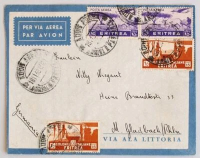 ITALIA Colonia Etiopía 1938 Agricultor + Tiburón Pesca Correo Aéreo Cubierta ADDIS a Alemania Foto 1 de 4