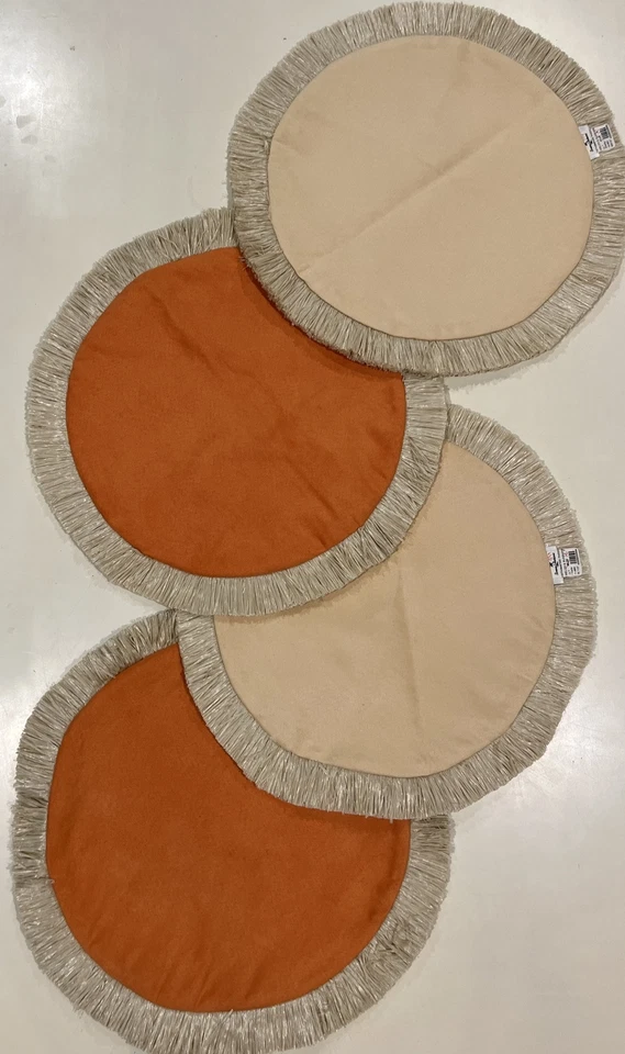 Tommy Bahama Placemats Lot Of 4 Round Orange Beige Fringe Trim Melon & Sun 17” - Image 1 of 4