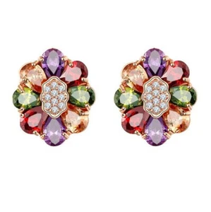 Rainbow Natural Morganite Peridot Garnet Rose Gold Plated Flower Stud Earrings - Picture 1 of 11