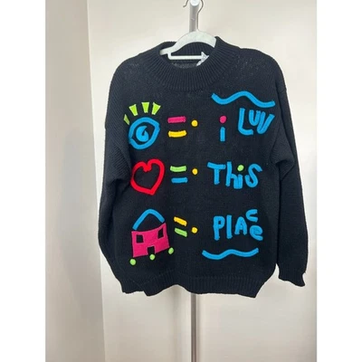 Pulôver colorido vintage anos 80 Gitano 3D malha manga preta suéter Luv Place G - Imagem 1 de 4