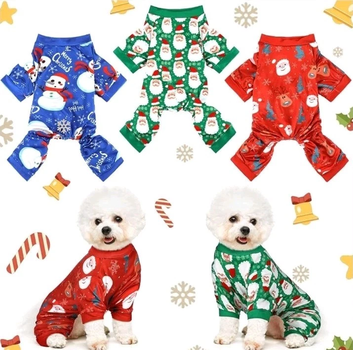 3 Pieces Christmas Dog Pajamas Dog Jumpsuit Santa Snowman Pet Clothes 7.7-9.9lb  - Image 1 of 4