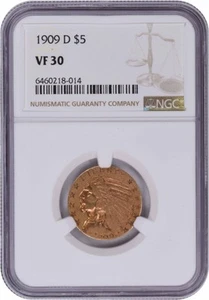 1909-D $5 Gold Indian VF30 NGC - Picture 1 of 4