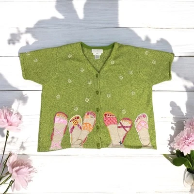 Susan Bristol Short Sleeve Knit Sweater Button Up Beach Tropical Floral 90s L - Image 1 of 4