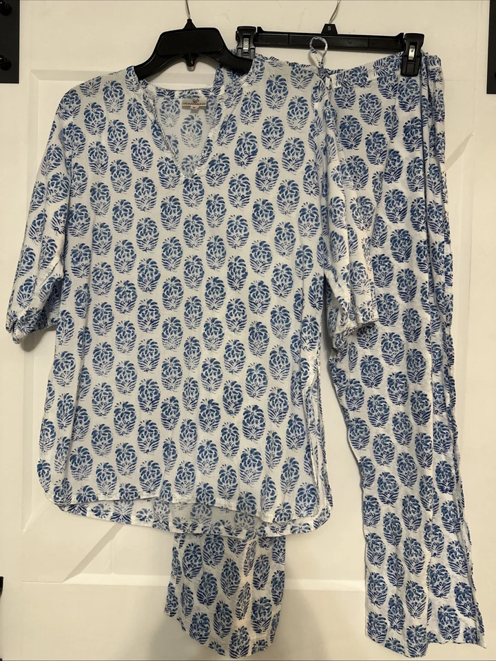 Conjunto de salón de pijama para mujer Anokhi talla S algodón azul blanco estampado túnica pantalones Foto 1 de 4