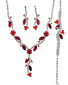3PC Red Necklace Earring & Bracelet Jewelry Set Round Rhinestone Crystal 15973 - Picture 1 of 11