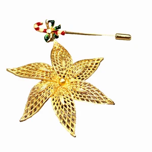 VTG Christmas Gold Tone Poinsettia and Candy Cane Red White Green Enamel Brooch - Picture 1 of 8