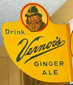 REAL VERNOR'S Ginger Ale STEEL FLANGE Sign-BEWARE of FAKE PORCELAIN SIGNS!21x18 - Picture 1 of 11