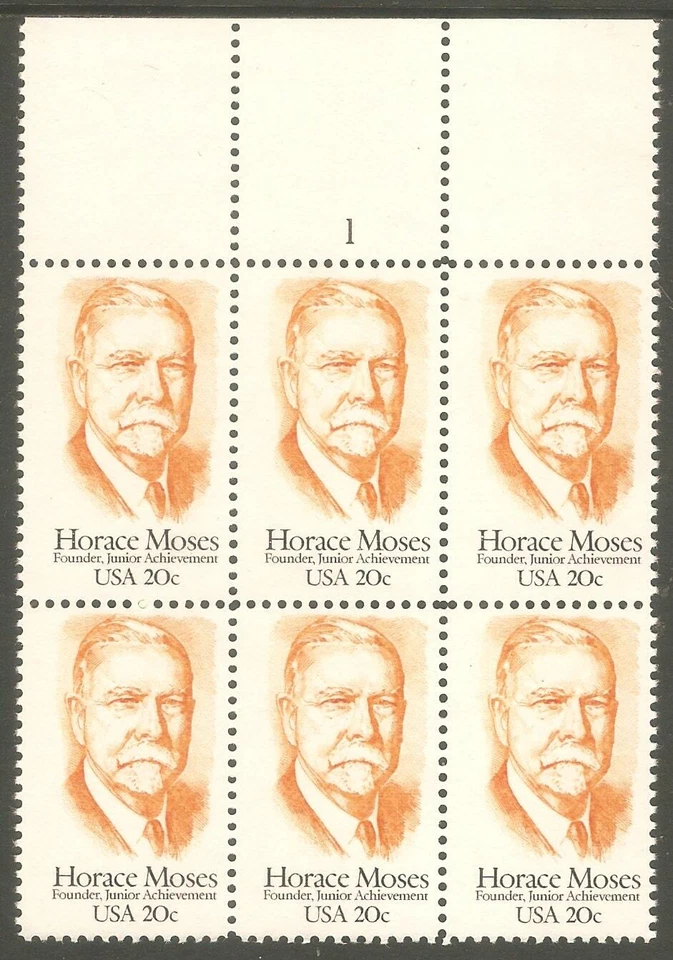 US USA Sc# 2095 MNH FVF PL# 6-BLOCK Horace Moses Mittineague Paper Co Mass - Image 1 of 1