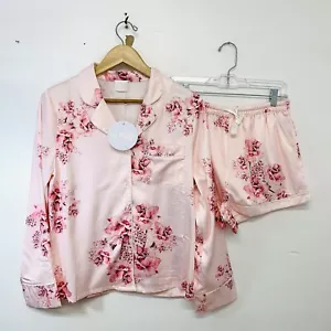 Le Rose Pjs Pajama Set Small Pink Floral Satin Long Sleeve Button Up Pockets - Picture 1 of 13