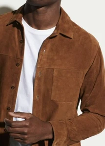 Men Leather Shirt Brown Pure Soft Suede Slim Fit Leather Coat - Picture 1 of 6