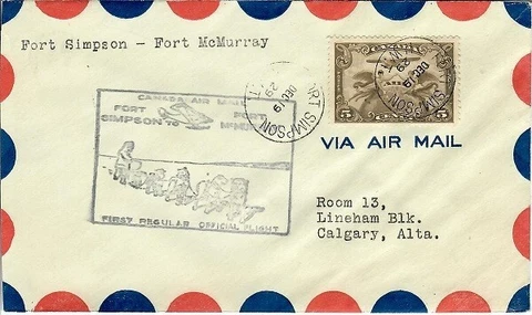 Canada 1929 First Flight Cover - AAMC 2967S - FORT SIMPSON to FORT McMURRAY Cover