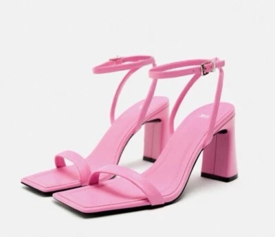 Новый Zara коренастый кожаный высокий каблук сандалии, размер 7,5 США, цвет розовый - Изображение 1 из 4