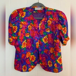 Camicetta vintage Adrianna Papell donna 10 seta rossa multicolore floreale festa - Foto 1 di 5
