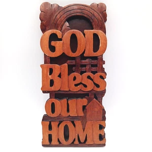 VTG God Bless Our Home Plaque Wall Hanging Hand Carved Mahogany Wood Indonesia - Picture 1 of 14