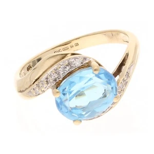 Ring 9 Karat Gelbgold Blautopas Solitär mit Diamantakzenten (Größe L) 9 x 7 mm - Bild 1 von 3