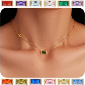 Birthstone Cross Necklace for Women 14K Gold Plated Dainty Sideways Cross Choker - Picture 1 of 12