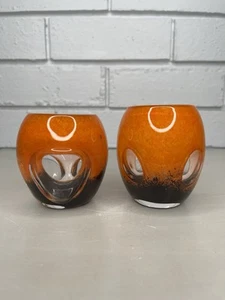 VTG Orange Lava Style Cased Glass Tea Light Candle Holder Pair Viewing Windows - Picture 1 of 17