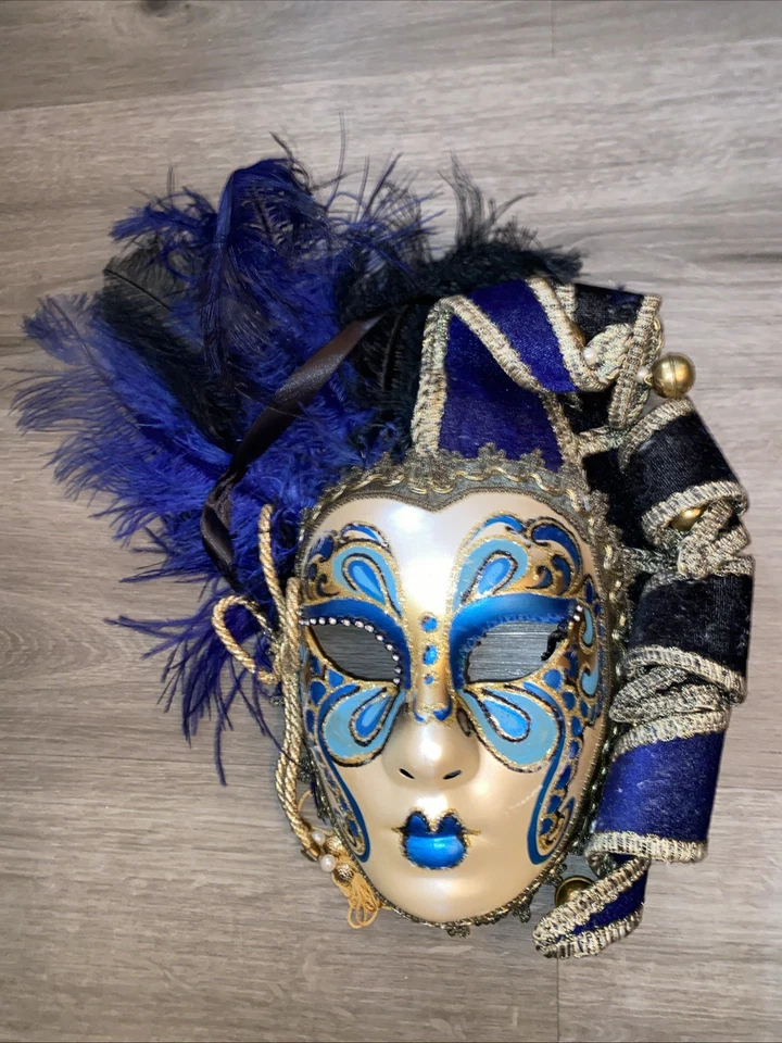 Authentic Venetian carnival mask Blue Feathered La Franca Joker Made in Italy - Image 1 of 1