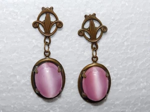 ANTIQUE VICTORIAN PNK MOON STONE ART DECO COPPER EARRINGS - Picture 1 of 4