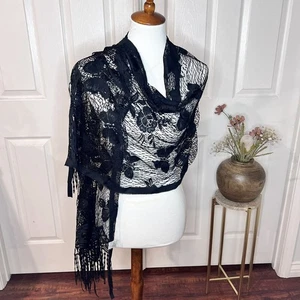 Womens Black Butterfly Moth Lacey Shawl Halloween Witch Whimsygoth Fairy Goblin - Picture 1 of 8
