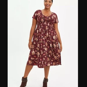 Torrid 3 Smocked Midi Challis Smocked Dress Floral Burgundy Cottagecore NEW - Picture 1 of 14