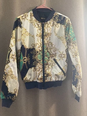 CHAQUETA BOMBER MODO VERDE MARINO SATINADO ESTAMPADO DE CADENA DORADA Y2K UK 10/US 11 Niñas Yth Foto 1 de 4